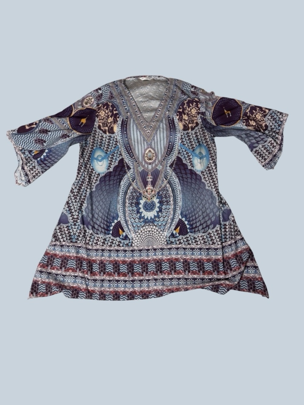 Boho Printed V-Neck Tunic Top in Navy XL